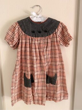 Vintage Handmade Girls 4t Orange Plaid Cotton Dress with and Dog Theme pockets